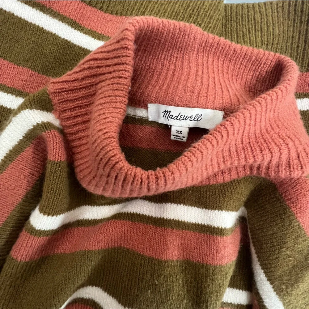 Madewell Redmond Mockneck Pocket Sweater in Stripe, Asparagus, size XS